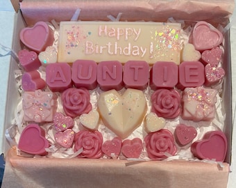 Auntie Happy Birthday wax melt gift box, auntie gift, personalised gift, lovely colours , hand poured , attention to detail, highly scented