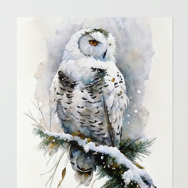Snowy Owl Watercolor Painting Print on Premium Matte Paper - Wildlife Wall Art Decor for Rustic Home and Cabin
