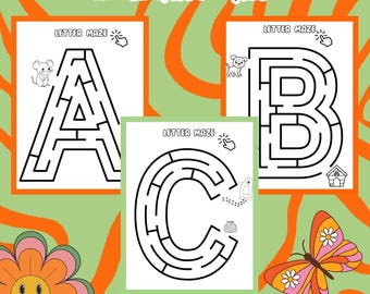 26 Alphabet Maze Fun, Preschool Learning Worksheets, Letter Tracing and Mazes, Kindergarten Workbook, Alphabet Maze Activity Book