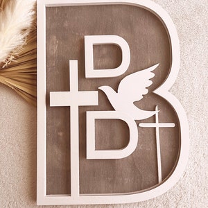 Regalo de bautizo para niña/Regalo de bautizo para niño/Regalo personalizado para bautizo/Cruz de madera/signo de letra en capas/Regalo de comunión/Signo de bebé/signo