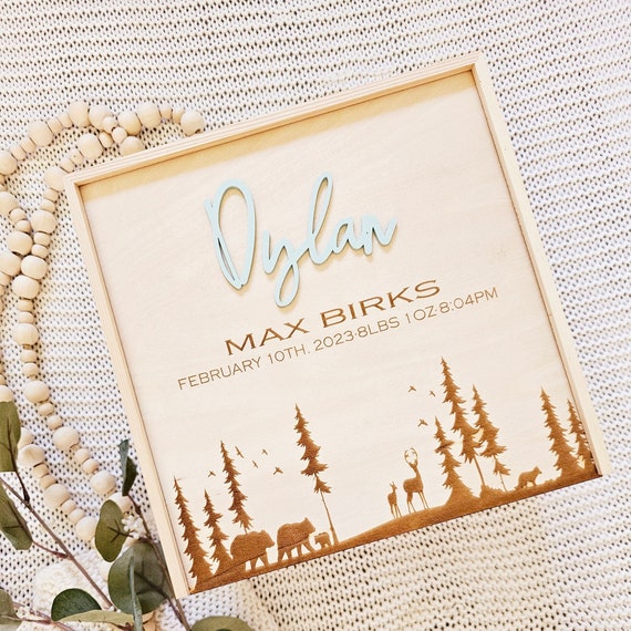Personalized Wooden Baby Keepsake Box, Forest Scene