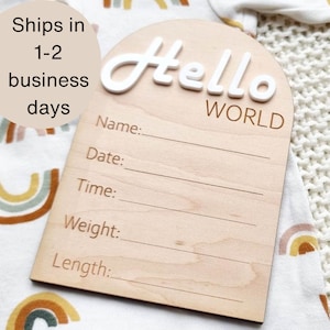 Hello world Personalized baby name sign, Hello World Plaque, Wooden Baby disc, wooden birth announcements, newborn photo.