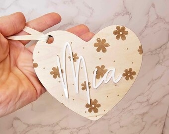 Personalized Valentine's Day Basket Tag, Maple Plywood Heart, Acrylic Name