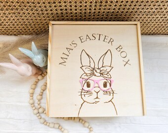 Personalized Easter Bunny Box, Laser Engraved Pine Wood, First Easter Gift