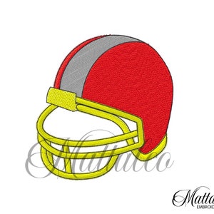 Può includere: Un casco da football americano rosso e grigio con una maschera facciale gialla. Il casco è un articolo sportivo popolare.