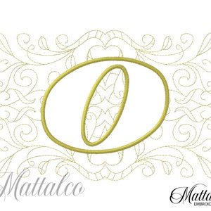 May include: A gold embroidered letter "O" is centered on a white background, surrounded by a decorative floral design. The image includes the text "Mattalco Embroidery" in the bottom corners.