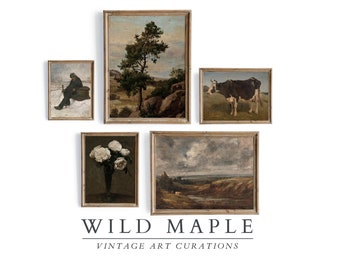 Antique Farmhouse Gallery Wall Art Print Set of 5, Vintage Home Decor PRINTABLE, Neutral Colors Landscape Print, Moody European Prints #08