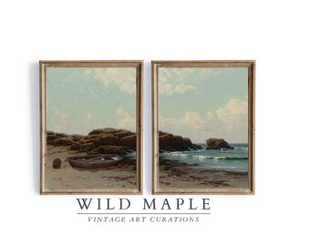 Set of Two Vintage Landscape Coastal Split Panel Art Prints, Large Antique Seascape Wall Art PRINTABLE, Neutral Ocean European Prints #23