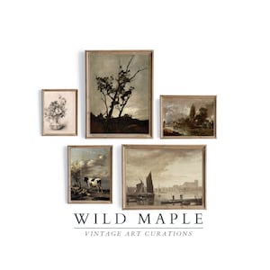 Antike rustikale gedämpfte Landschaft stimmungsvolle Wand Art Print 5er Set, Vintage Home Decor DRUCKBARE, rustikale europäische Gemälde, neutrale Farben Art #07