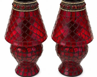 Tea Lights Set of 2 Red Mosaic Glass Fairy lamps Candle Holders Jeweled Boho Moroccan