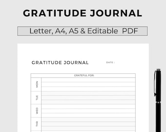 Op de afbeelding: Een zwart-wit printbaar dankbaarheidsdagboek met een eenvoudig ontwerp. Het dagboek heeft ruimte voor de datum, een sectie om op te schrijven waar je dankbaar voor bent, en secties voor positieve en negatieve patronen.