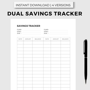 以下が含まれることがあります： 日付、金額、残高を追跡するための2つの列を持つ、印刷可能なデュアル貯蓄トラッカー。トラッカーはペンまたは鉛筆での使用を目的としており、「FILLABLE PDF OR HAND WRITE」とラベル付けされています。