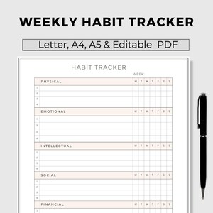 Weekly Habit Tracker Printable & Fillable, Weekly Habit Tracker, Routine Tracker, Habit Challenge, A4/A5/Letter/Half, Instant Download