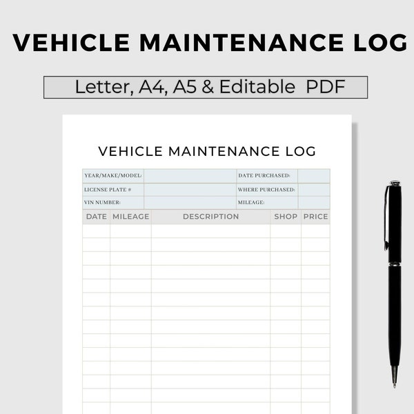 Vehicle Maintenance Log, Vehicle Expense Tracker, Vehicle Service Tracker, Vehicle Repair Log, Letter, A4, A5, Editable PDF