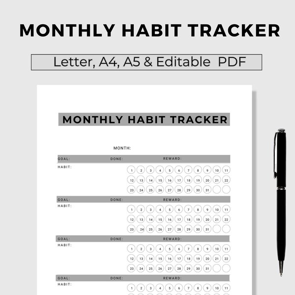 Monthly Habit Tracker Printable & Fillable, Monthly Habit Tracker, Routine Tracker, Habit Challenge, A4/A5/Letter/Half, Instant Download