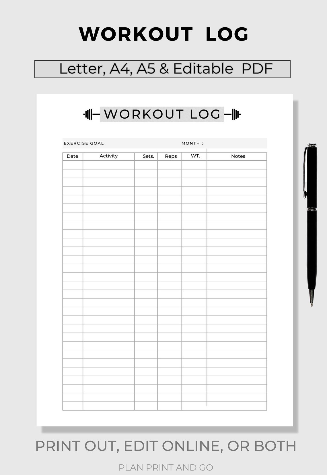 Minimalist Workout Log Workout Tracker Fitness Log Fitness Etsy