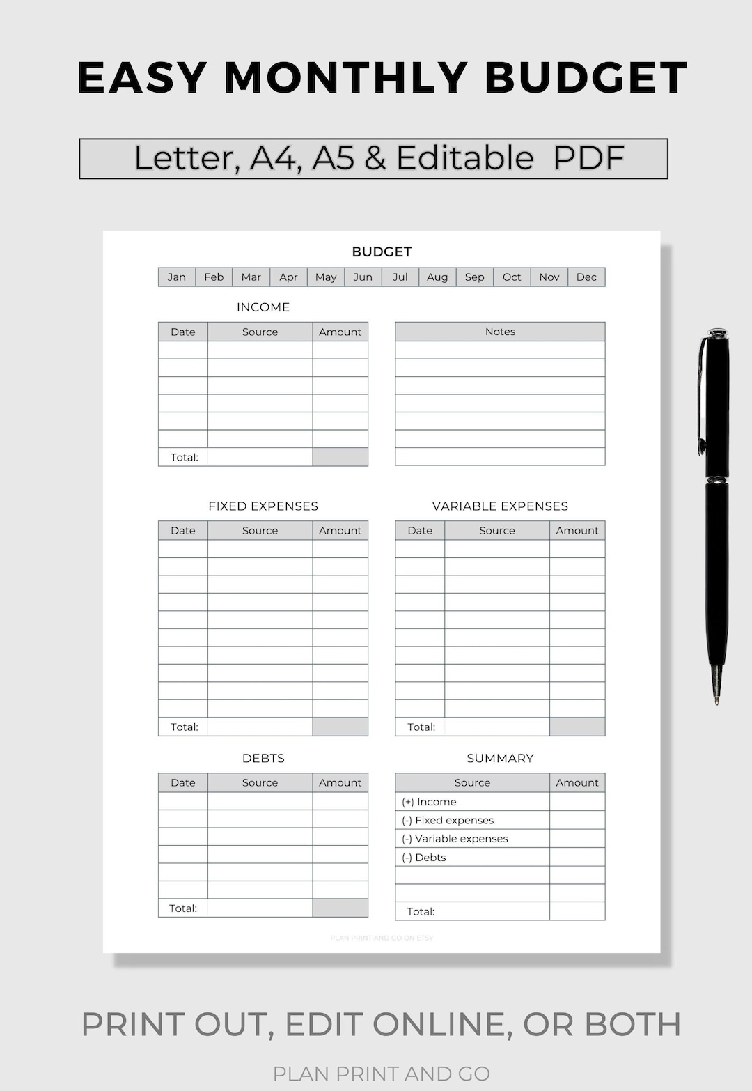 Sample Budget Fillable Monthly Budget Planner Printable & Fillable PDF, Paycheck Budget ...