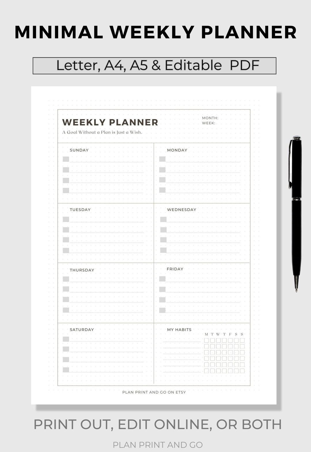 Weekly Planner Printable to Do List, Weekly Organizer Journal, Minimal ...