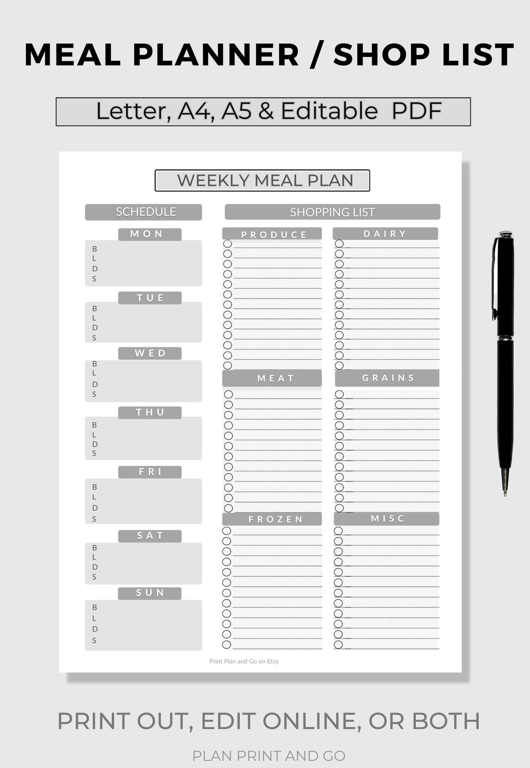 Printable Weekly Meal Planner Meal Tracker Grocery List Food Journal 