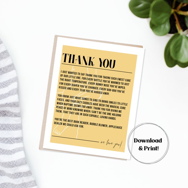 Babysitter Thank You Card | Printable, Instant Download | Daycare Teacher | Nanny