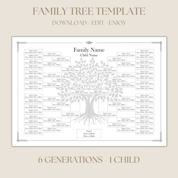 Editable 6 Generation Family Tree Chart, DIY Genealogy Chart, Ancestor Chart, Fillable Template, Instant Download