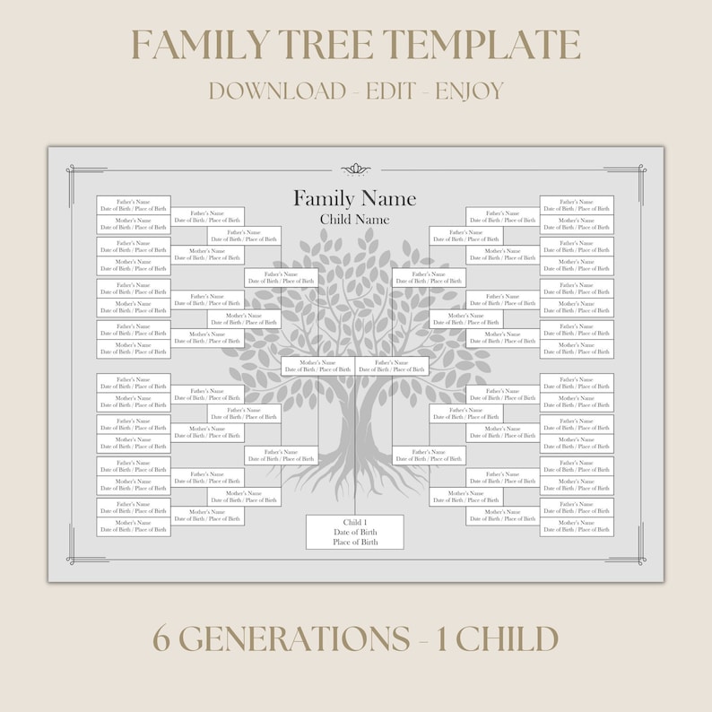 Editable 6 Generation Family Tree Chart, DIY Genealogy Chart, Ancestor ...