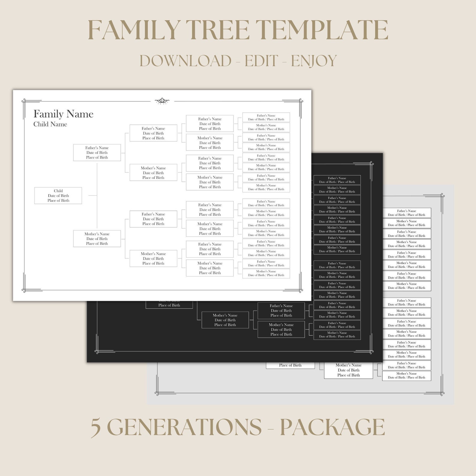 Editable 5 Generation Family Tree Chart Package, DIY Genealogy Chart ...