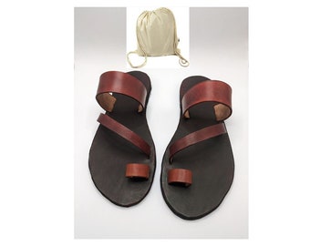 Women's handmade Greek sandals with ring with crossed strap, cowhide leather, vibram heel, 4 mm insole, 4 mm sole