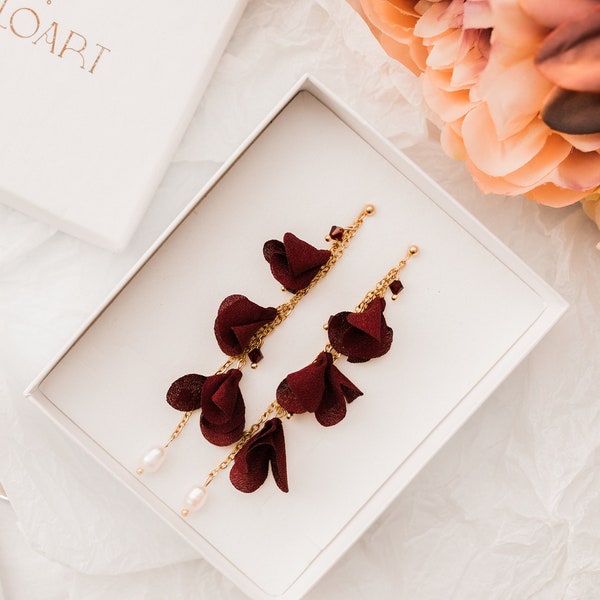 Earrings with burgundy flowers on a gold chain with pearl charms, bridesmaids earrings, floral burgundy jewelry, earrings for burgundy dress