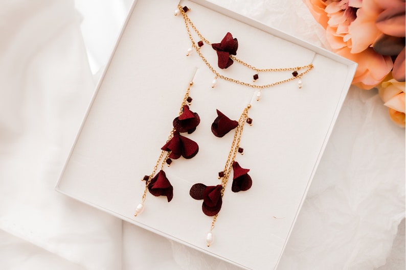 Earrings with burgundy flowers on a gold chain with pearl charms, bridesmaids earrings, floral burgundy jewelry, earrings for burgundy dress image 2