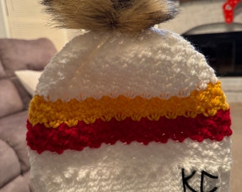 Crochet Kansas City Chiefs stocking hat for women with Pom Pom