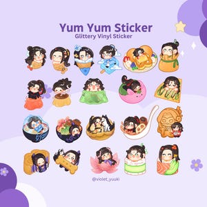 May include: A sheet of glittery vinyl stickers featuring various cartoon characters in food-themed settings. The stickers include characters in ice cream cones, on pancakes, and in bowls. The text "Yum Yum Sticker" and "Glittery Vinyl Sticker" are at the top.