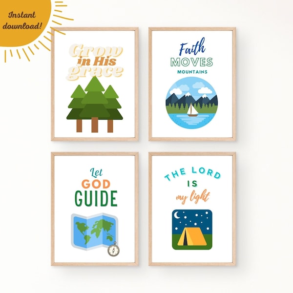 Printable Kids Camping Wall Art | Christian Kids Posters | Outdoors Theme Classroom Art | Faith Camping Nursery Wall Art