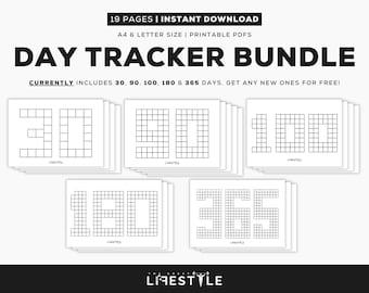 May include: A black and white Day Tracker Bundle with the text "DAY TRACKER BUNDLE". The bundle includes printable PDFs for 30, 90, 100, 180, and 365 days. The text "19 PAGES | INSTANT DOWNLOAD" is at the top.