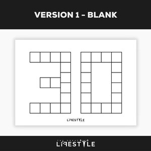 May include: A white paper with the number "30" constructed from black squares. The text "VERSION 1 - BLANK" is at the top, and "THE GREAT LIFESTYLE" is at the bottom.