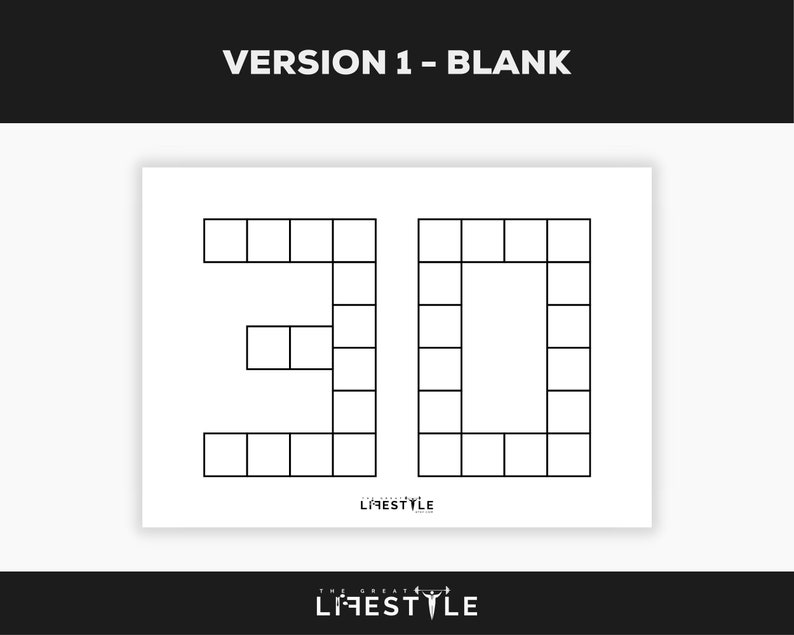 May include: A white paper with the number "30" constructed from black squares. The text "VERSION 1 - BLANK" is at the top, and "THE GREAT LIFESTYLE" is at the bottom.