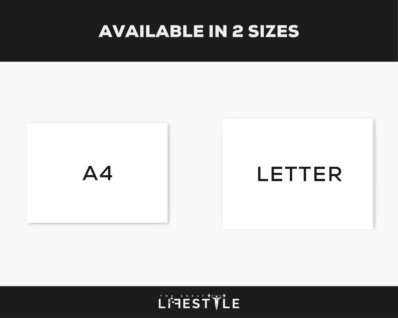 May include: Two white rectangular papers, one labeled "A4" and the other "LETTER", are displayed against a white background. The text "AVAILABLE IN 2 SIZES" is at the top. The logo "THE GREAT LIFESTYLE" is at the bottom.