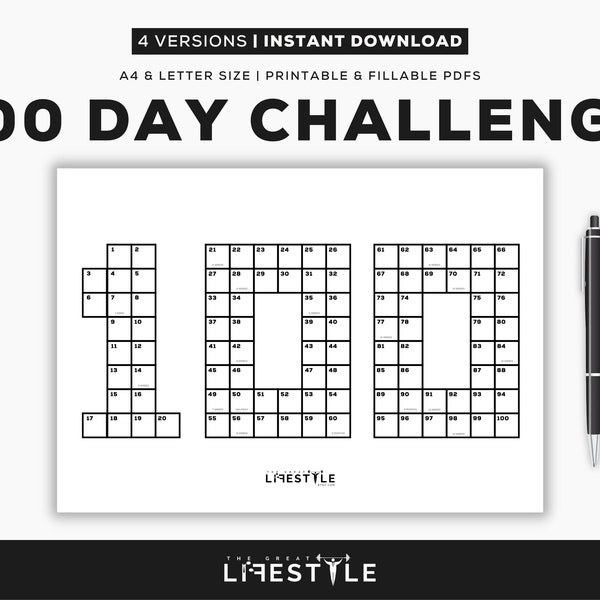 4x 100 Day Challenge Tracker, Habit Forming, Break Habit Bundle, Addiction Tracker Reboot, Landscape Verticle A4 US Letter - Printable PDFs