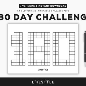 May include: A white printable PDF with a black grid design forming the numbers "180" for a 180-day challenge. The text "180 DAY CHALLENGE" is above the numbers. A black pen rests on the right side. The text "3 VERSIONS | INSTANT DOWNLOAD" is at the top.