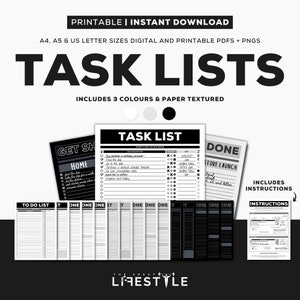 Puede incluir: Listas de tareas imprimibles digitales en negro, blanco y gris. La imagen incluye varias plantillas de listas de tareas, incluyendo una "Task List", una "To Do List" y una lista "Get Shit Done". El diseño incluye instrucciones y está disponible en tamaños A4, A5 y US Letter.