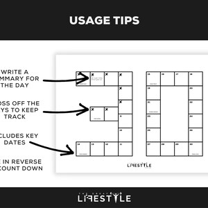 May include: A white paper with a black grid calendar layout and the text "USAGE TIPS". The calendar includes instructions to write a summary, cross off days, and includes key dates. The Great Lifestyle logo is at the bottom.