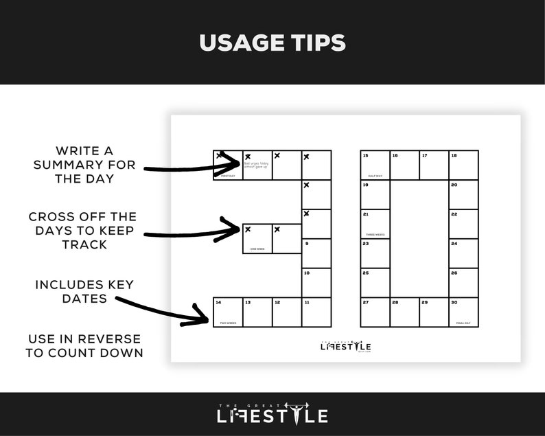 May include: A white paper with a black grid calendar layout and the text "USAGE TIPS". The calendar includes instructions to write a summary, cross off days, and includes key dates. The Great Lifestyle logo is at the bottom.