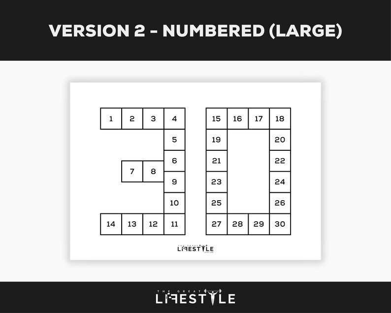 May include: A white rectangular graphic with the text "VERSION 2 - NUMBERED (LARGE)" at the top. The graphic features the number "30" constructed from numbered squares, with the text "LIFESTYLE" at the bottom.
