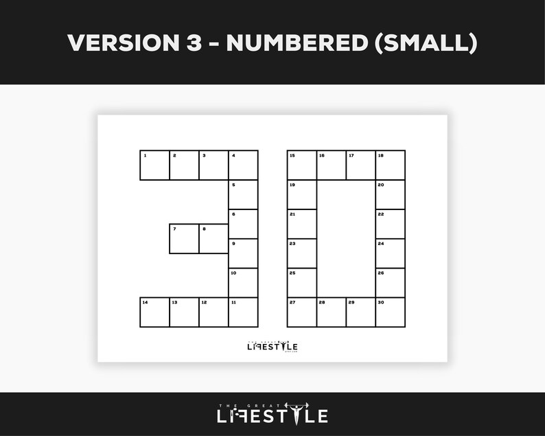 May include: A white paper with the text "VERSION 3 - NUMBERED (SMALL)" at the top. The image features the numbers "30" constructed from numbered boxes. The Great Lifestyle logo is at the bottom.