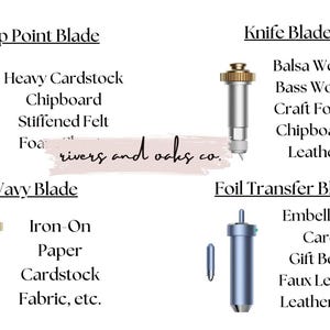 Pode incluir: Imagem mostrando várias lâminas de corte para artesanato, incluindo Premium Fine Point, Deep Point, Knife e Bonded Fabric. Cada tipo de lâmina é listado com materiais compatíveis como cartão, vinil e couro. O texto "rivers and oaks co." também está presente.