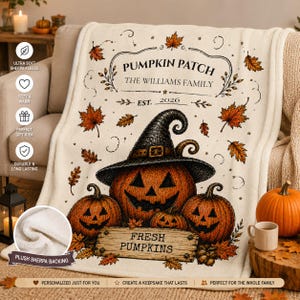 Manta personalizada de otoño de calabazas, Manta Sherpa con calabazas de otoño y nombre familiar personalizado