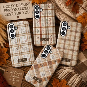 May include: Four rectangular phone cases featuring a beige and brown plaid pattern with small leaf illustrations. Each case includes a dark rectangular nameplate with initials E. M., A. C., S. R., and J. K. The cases have a triple camera cutout.