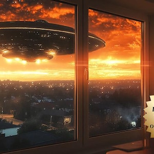 Pode incluir: Um grande OVNI em forma de disco, de cor cinza escuro, paira no céu sobre um bairro suburbano ao pôr do sol. O céu é de um laranja e vermelho vibrantes, com nuvens que refletem a luz. O OVNI tem uma fileira de luzes na sua parte inferior.