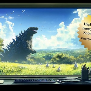 May include: A window view of a green field with a large, dark gray monster in the background. The monster is standing in a field of tall grass. The sky is blue with white clouds. The window is framed by a dark brown wooden frame.