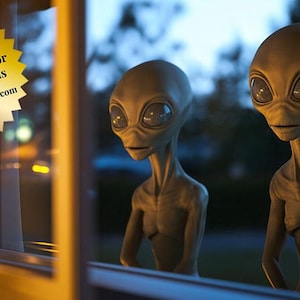 May include: Two gray alien figures with large eyes and smooth skin stand in front of a window. The window is lit from behind, creating a halo effect around the figures. The figures appear to be looking out the window.